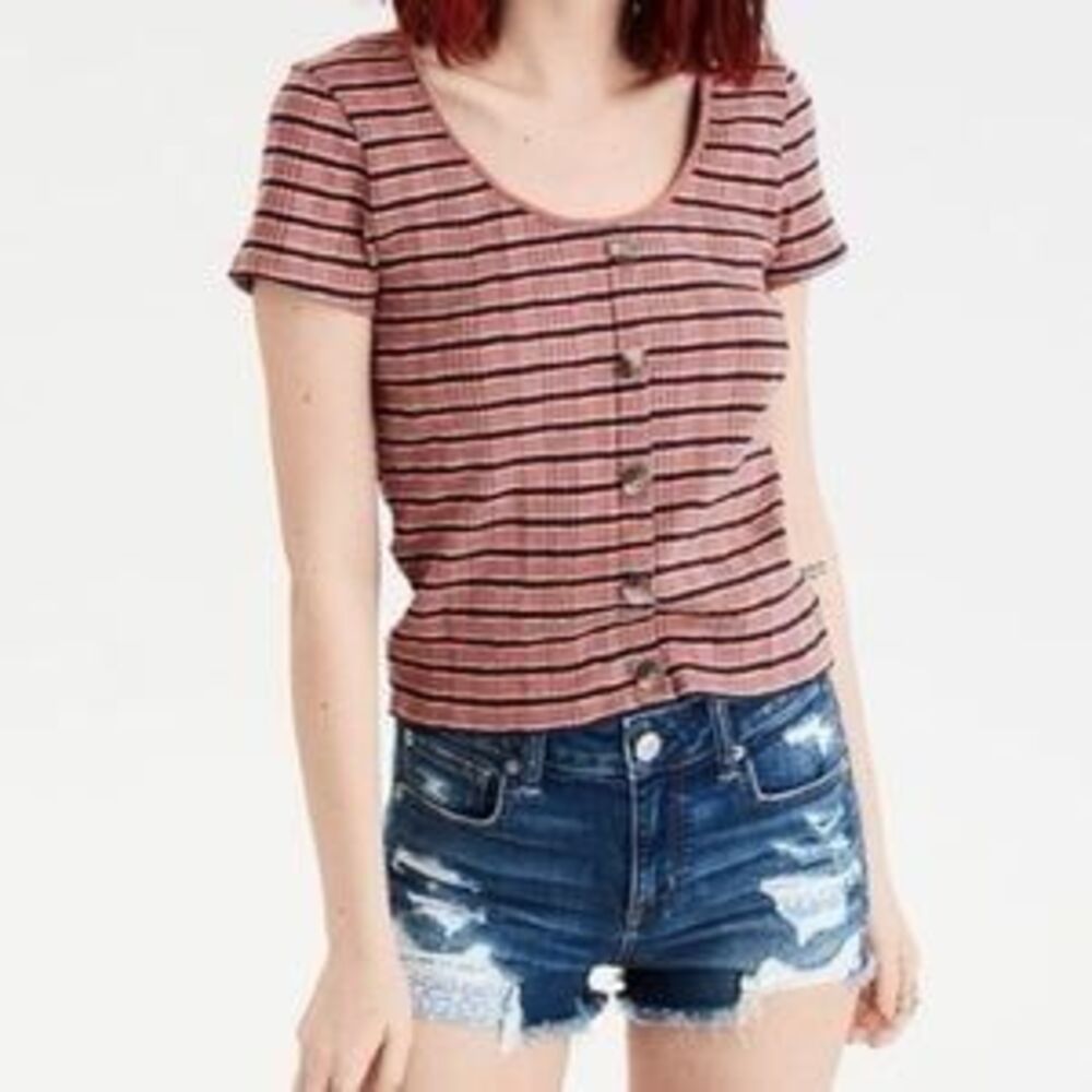 American Eagle Ribbed Stripe Stretch Knit Scoop Neck Faux Button Down Top M